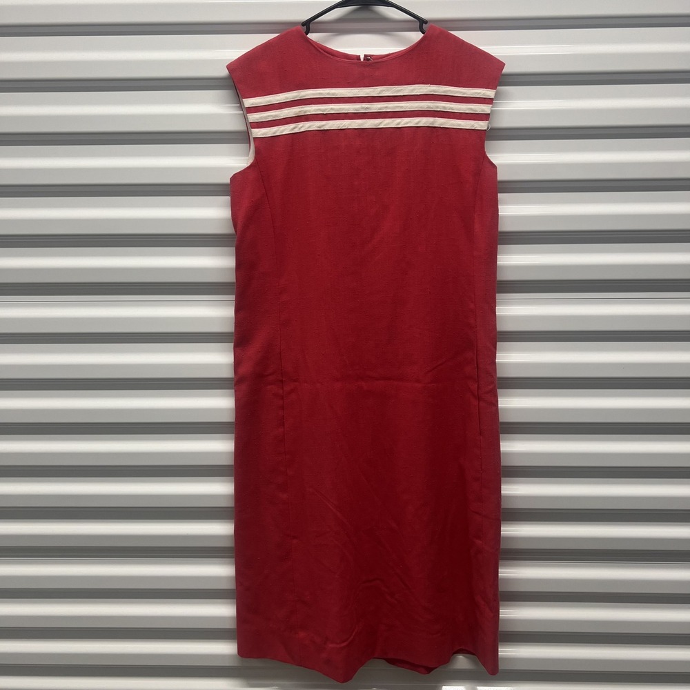 Tanner Womens Vintage Shift‎ Dress 12 Red Woven Sleeveless Stripe Mod Retro Midi